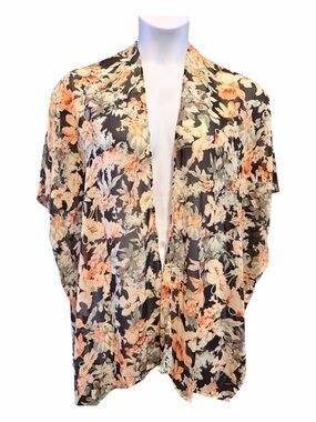Women’s kimono  Floral Open-Front- Black with Peach & Cream Floral